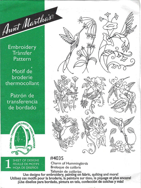 Charm of Hummingbirds Aunt Martha's Hot Iron Embroidery Transfer Aunt Martha's