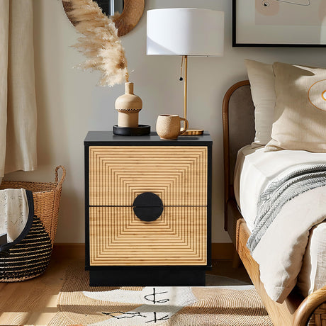 LuxenHome Night Stand, Mid Century Modern Nightstand with 2 Drawers, Boho Bedside Table with Bamboo Strips Pattern, Small End Tables Living Room or Bedroom, Small Side Table with Storage, Black/Brown LuxenHöme