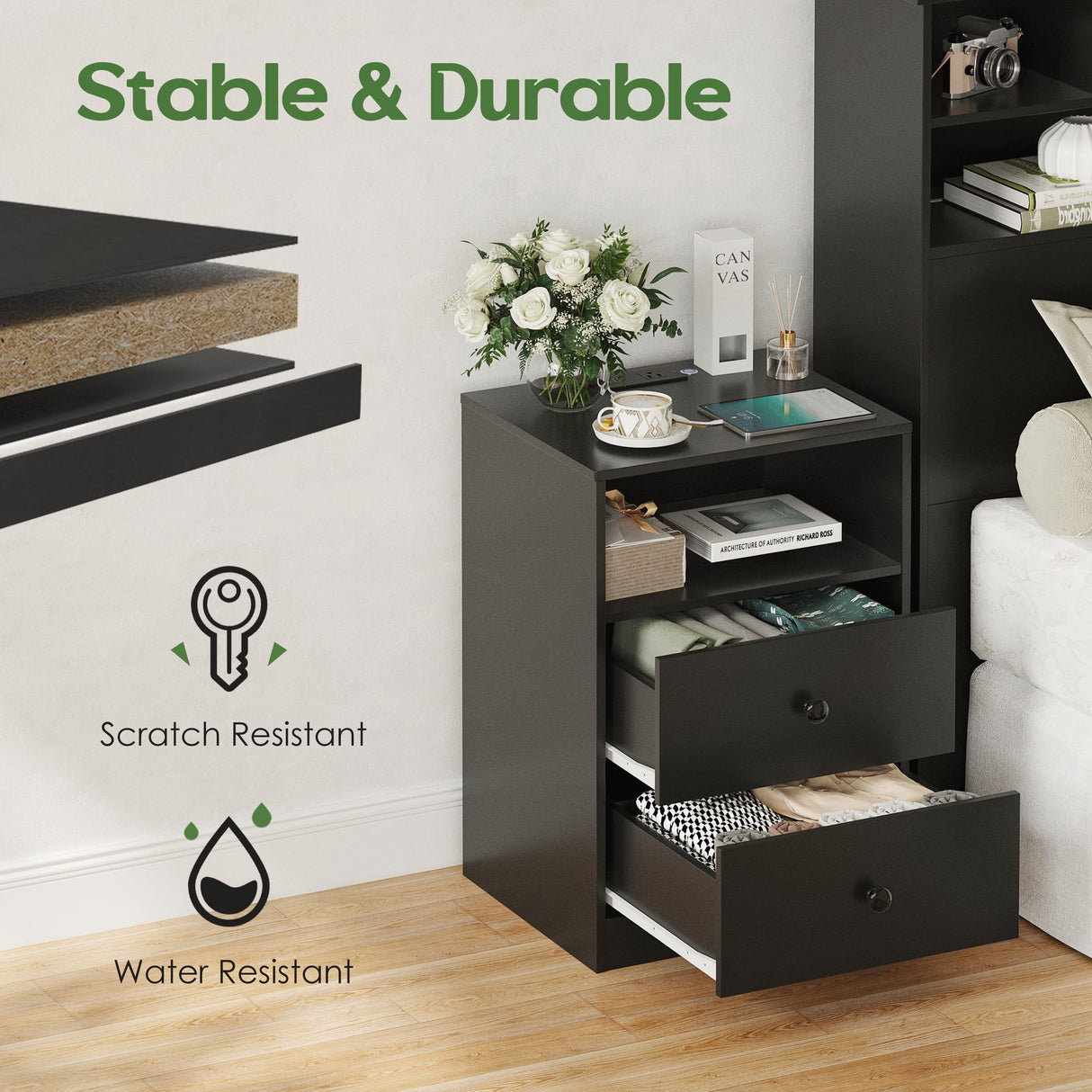 AYEASY Night Stand with Charging Station, LED Wood Black Nightstand Bedside Table with 2 USB Ports & Outlets, Nightstands with 2 Large Drawers, End Side Table Dresser with Storage Shelf for Bedroom. AYEASY