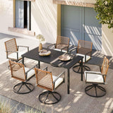 LAUSAINT HOME 7 Pieces Patio Dining Set, Outdoor Furniture Set of 6 Swivel Chairs with Soft Cushion and Iron Slats Table Top with Umbrella Hole, Conversation Set for Backyard LAUSAINT HOME