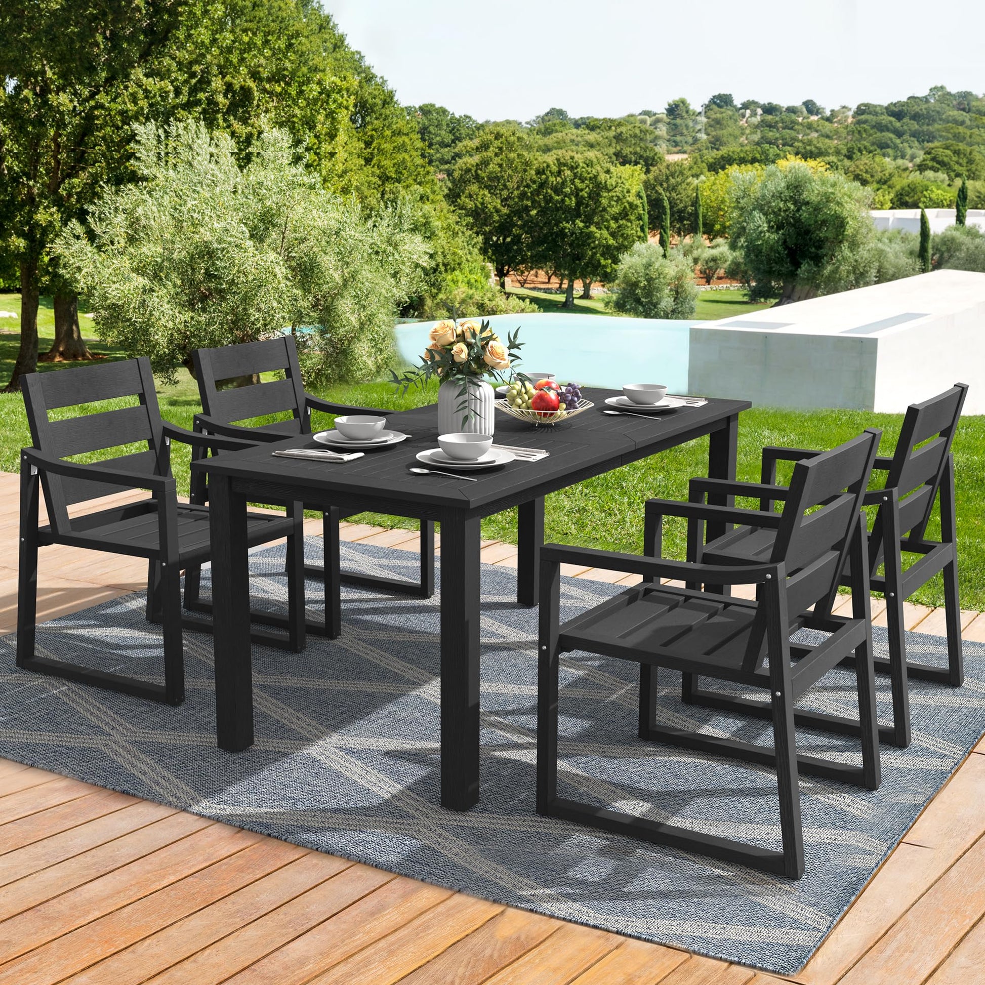 Cozyman HDPS Outdoor Patio Dining Set, 7-Piece, All Weather Outdoor Table and Chairs, Resin Outdoor Kitchen Furniture Dining Sets for Outdoor Indoor, Patio, Lawn, Garden, and Backyard, Black - WoodArtSupply