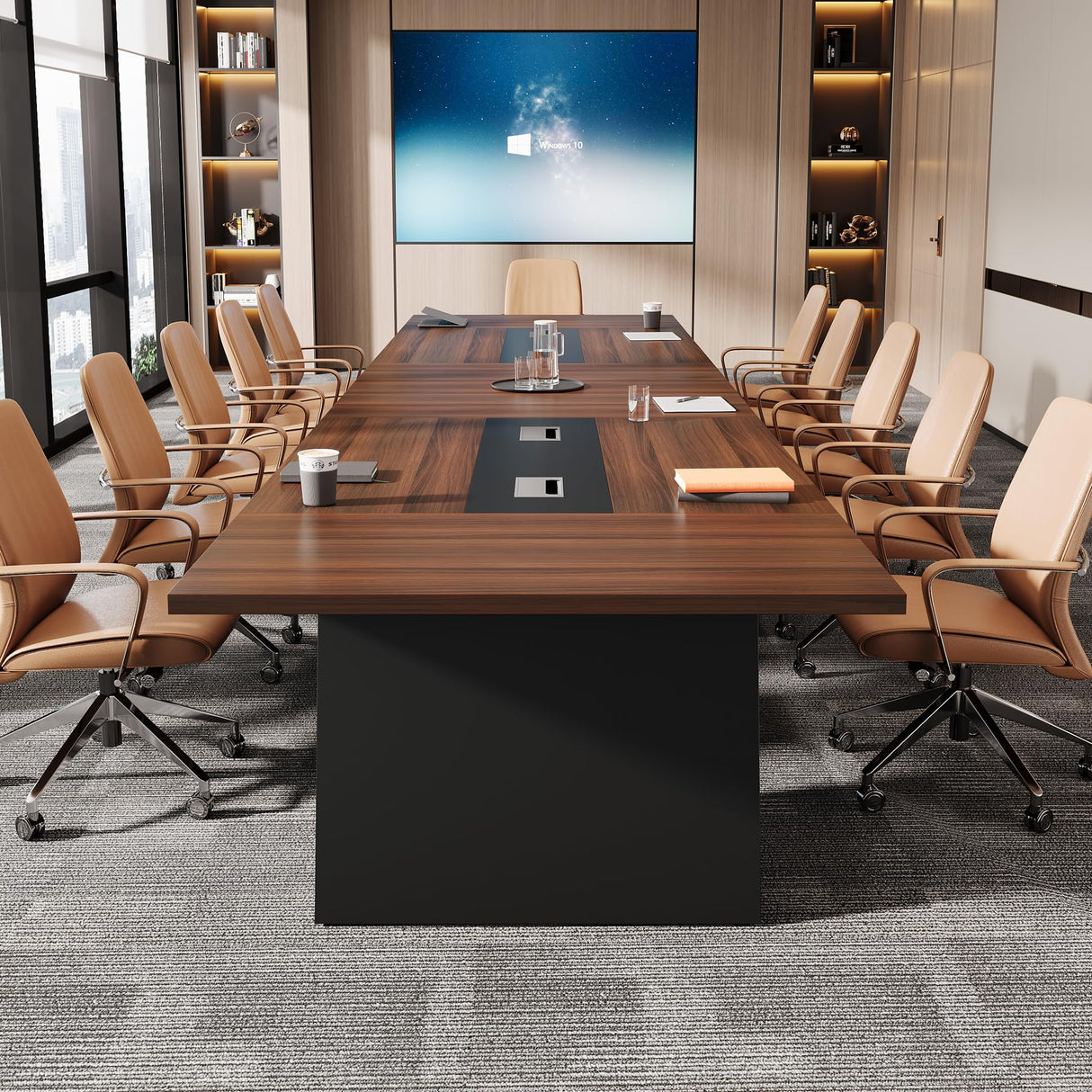 Tribesigns 8ft Conference Table, Modern Office Meeting Room Table with Cable Management, Large Business Seminar Furniture for Boardroom, Walnut and Black Tribesigns