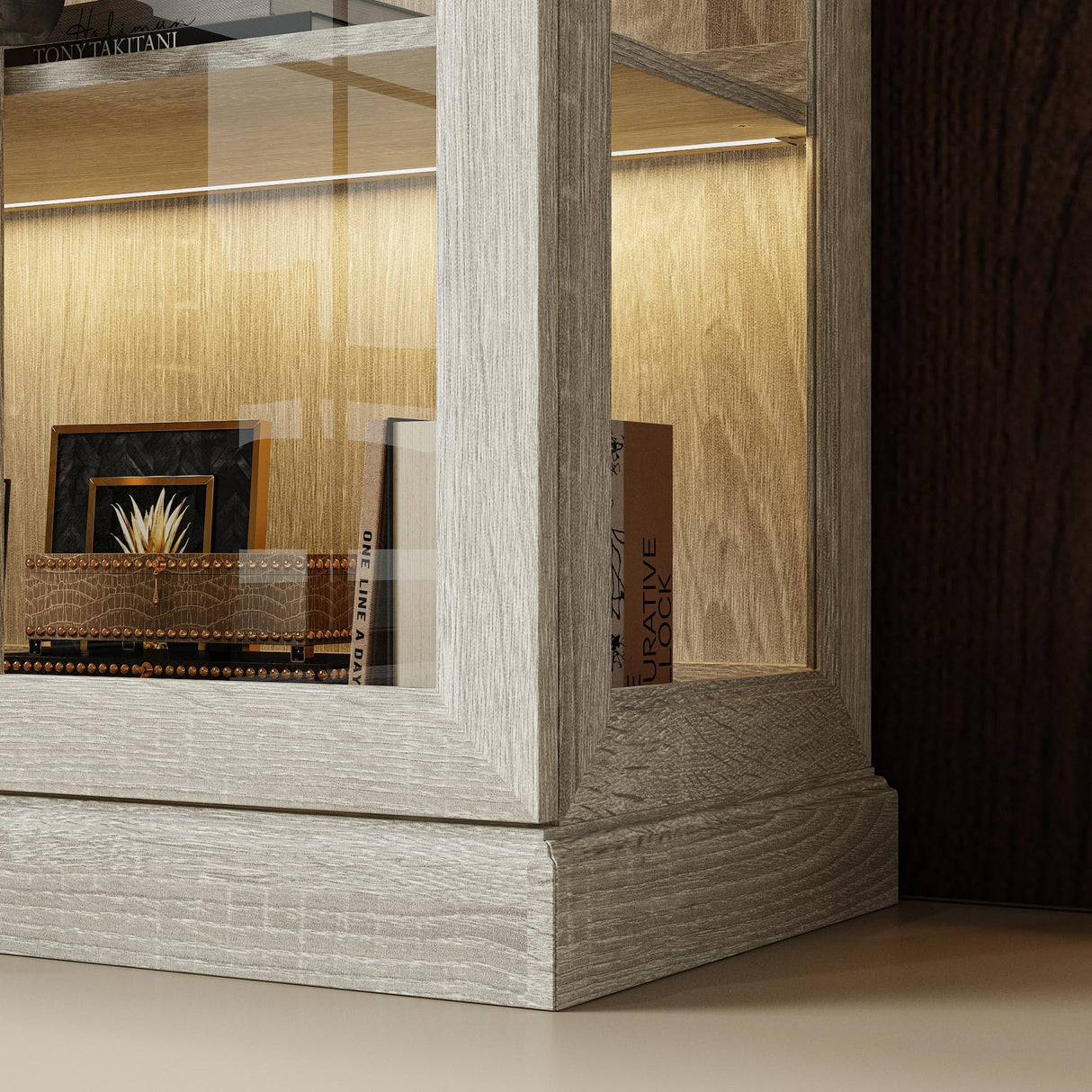 FUNISIR Display Cabinet with 2 Glass Doors, Curio Cabinet with LED Light & 4-Tier Storage Shelves for Collectibles, 37" W Glass Display Case for Living Room, Home Office, Grey Oak FUNISIR