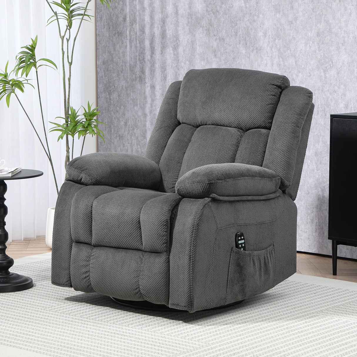HOMCOM Recliner Chair with Vibration Massage and Heat, Oversized Swivel Rocker Single Sofa with Footrest, Remote and Side Pockets, Velvet Fabric Manual Reclining Chair for Living Room, Gray HOMCOM