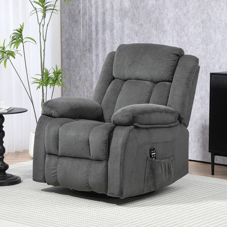HOMCOM Recliner Chair with Vibration Massage and Heat, Oversized Swivel Rocker Single Sofa with Footrest, Remote and Side Pockets, Velvet Fabric Manual Reclining Chair for Living Room, Gray HOMCOM