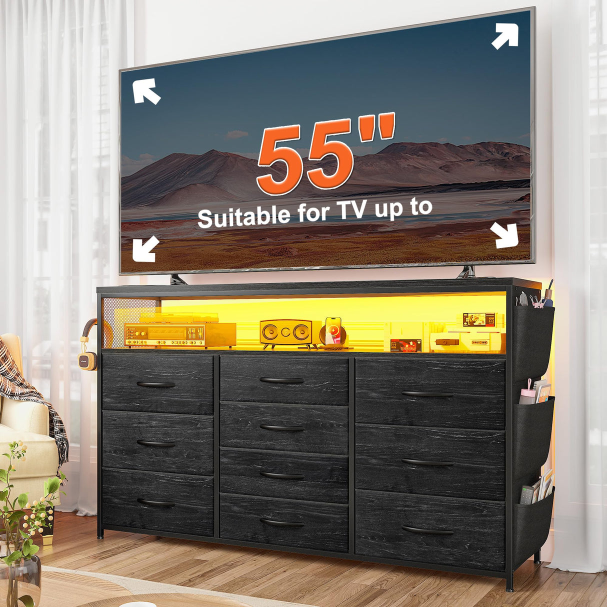 EnHomee Dresser TV Stand with 10 Drawers for 55" TV Stand for Bedroom with LED Lights & Power Outlets Wide Dresser for Bedroom with Shelves & Side Pockets Sturdy Metal Frame & Wood Top, Charcoal Black EnHomee