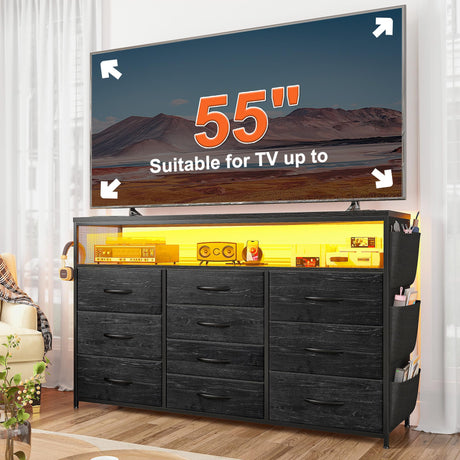 EnHomee Dresser TV Stand with 10 Drawers for 55" TV Stand for Bedroom with LED Lights & Power Outlets Wide Dresser for Bedroom with Shelves & Side Pockets Sturdy Metal Frame & Wood Top, Charcoal Black EnHomee