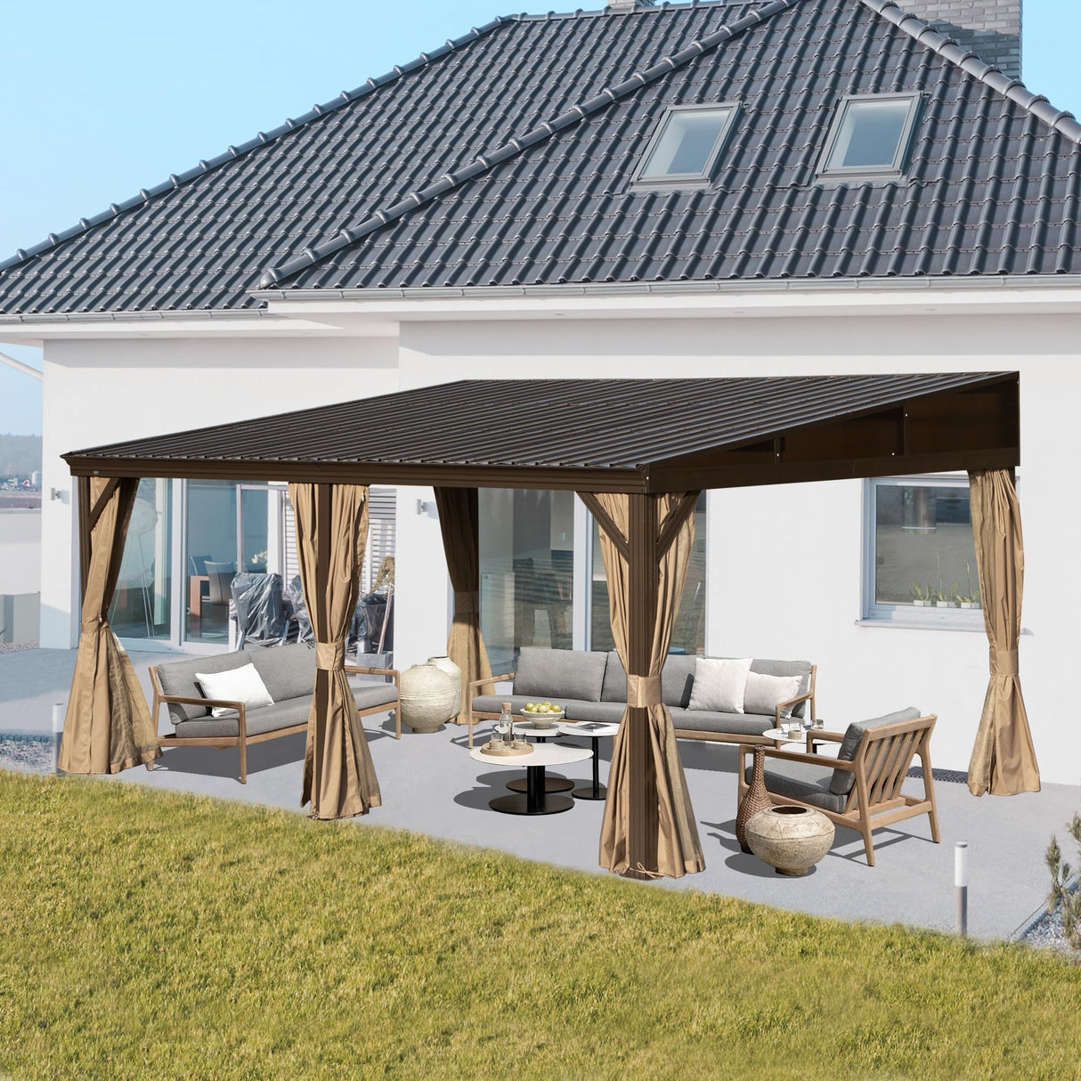 SHPAI 12’ x 16’ Lean to Gazebo, Outdoor Wall Mounted Gazebo Aluminum Frame, Hardtop Pergola with Galvanized Steel Sloping Roof for Patio Deck Garden Backyard, Curtain and Netting Included SHPAI