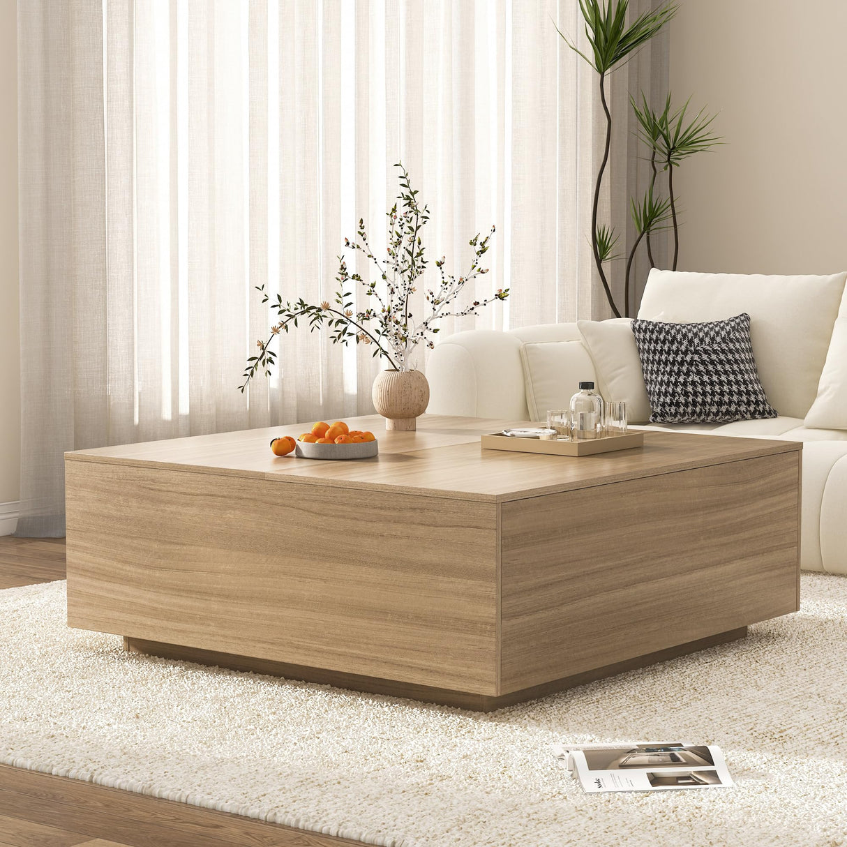 43 Inch Large Square Coffee Table with Storage,Modern Wooden Coffee Table with 2 Drawers Storage for Living Room,Mid Century Tea Table/Aesthetic Coffee Tables Center Table for Home Office(Oak) jiteentarou