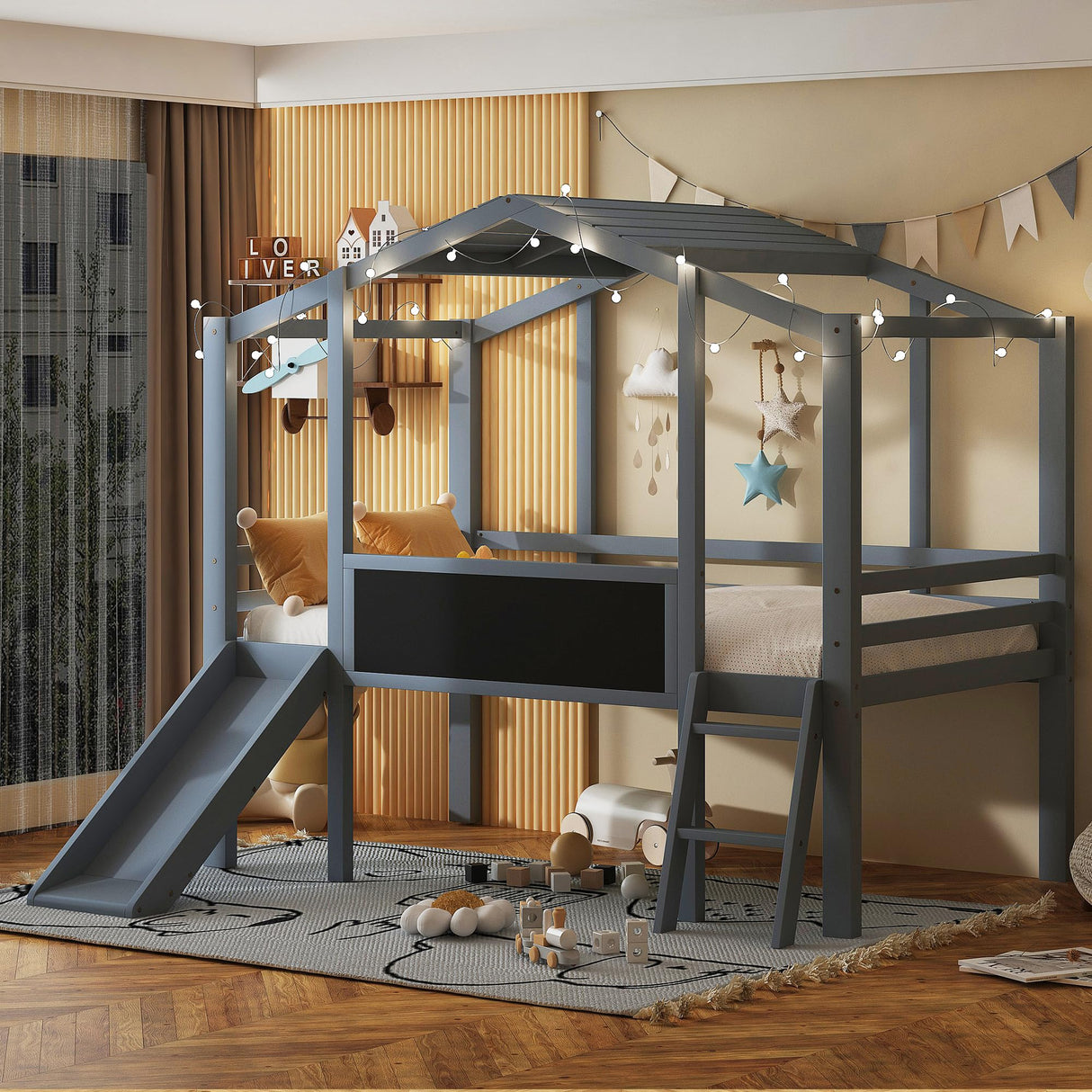 Harper & Bright Designs Kids House Loft Bed with Slide, Twin Size Low Loft Bed with LED Lights & Blackboard, Wood Playhouse Loft Bed with Ladder and Slats Support, for Kids Boys Girls, Gray Harper & Bright Designs