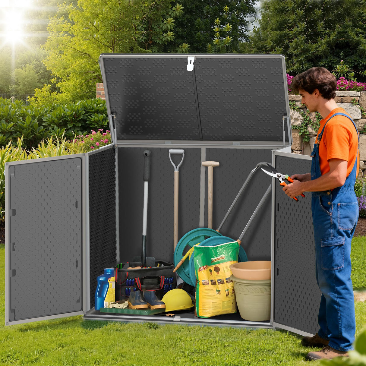 HUGROVE 49.5 Cu ft Storage Shed, 4.6 x 4.1 FT Outdoor Storage Horizontal Resin Shed, Weather Proof Water Proof PP Material, Lockable Door, Outdoor Storage Box for Trash Cans, Patio, Garden (4.6x4.1) HUGROVE