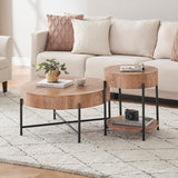 CABIHOME Round Coffee Table with Two Drawers Circle Center Table with Storage Farmhouse Coffee Table Living Room Wood Look Cocktail Table with Metal Frame Natural CABIHOME