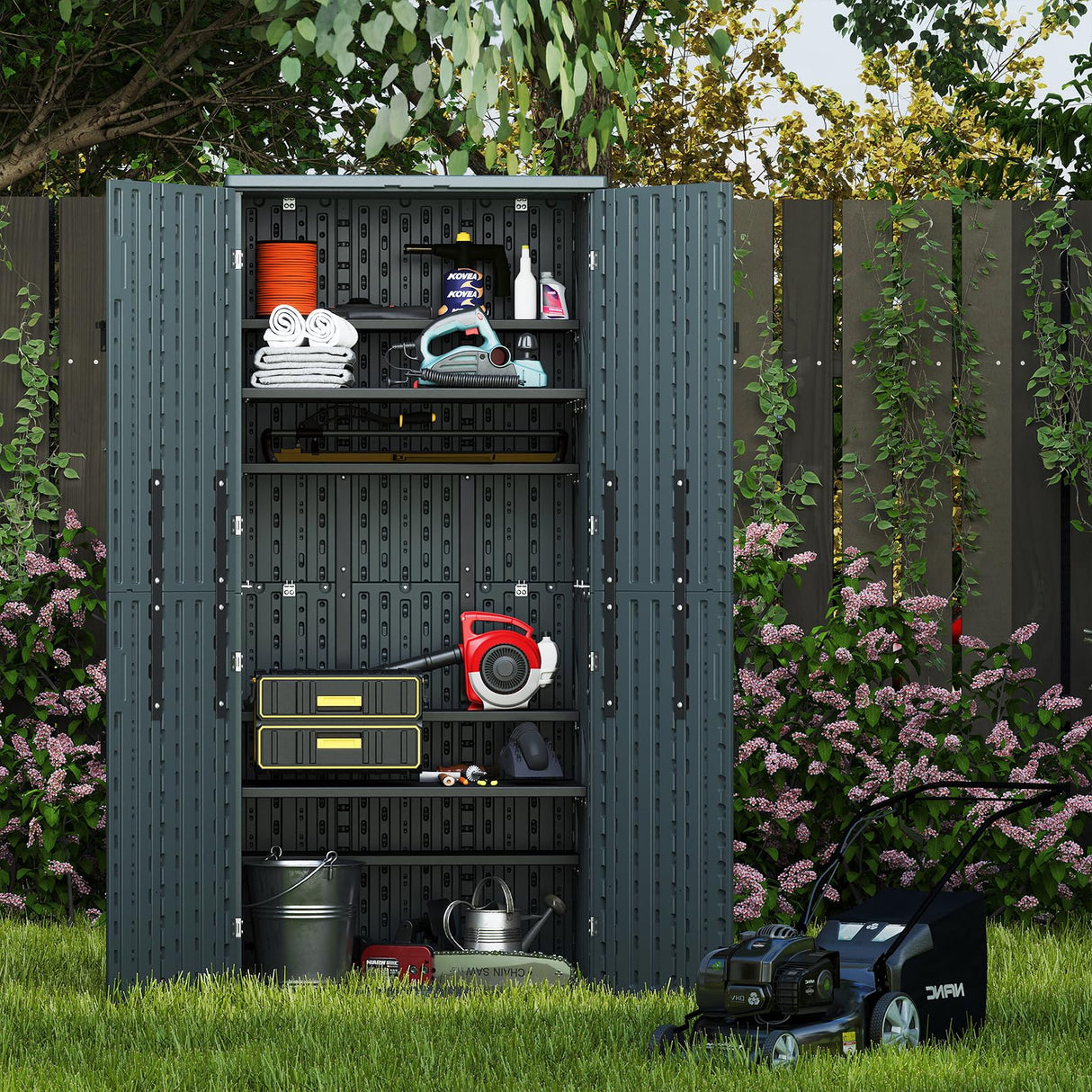 30 Cubic Ft. Vertical Resin Outdoor Storage Shed with Lockable Double Doors,Tall Storage Cabinet with 4 Shelves, Weather-Resistant Multi-Wall Panels,Storage Shed for Patio, Garden, Yard, Grey ZYJOYY