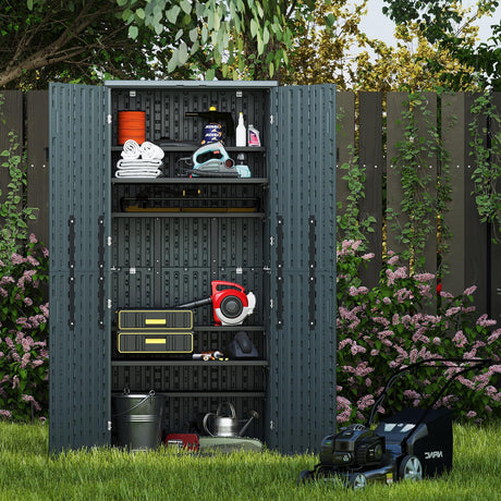 30 Cubic Ft. Vertical Resin Outdoor Storage Shed with Lockable Double Doors,Tall Storage Cabinet with 4 Shelves, Weather-Resistant Multi-Wall Panels,Storage Shed for Patio, Garden, Yard, Grey ZYJOYY