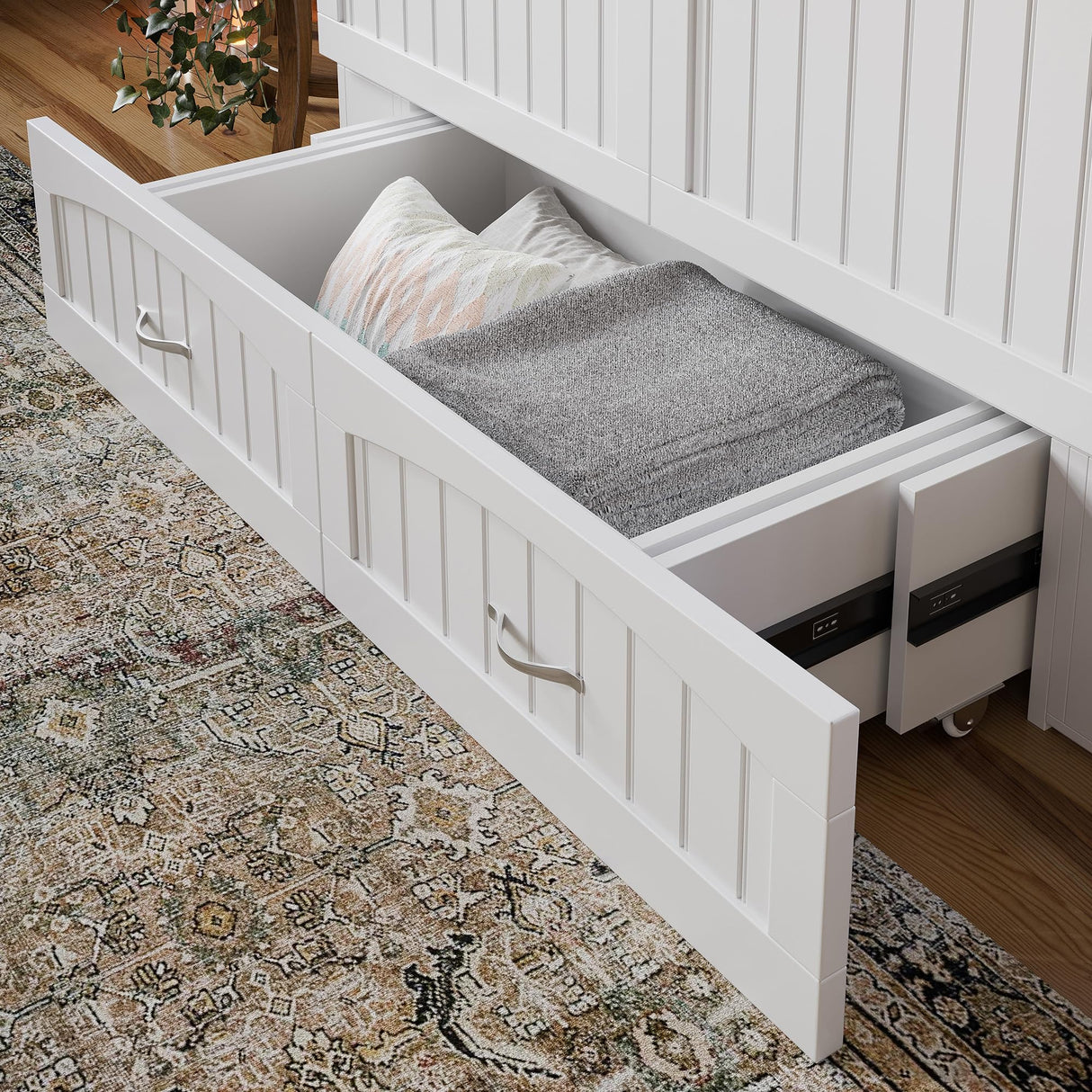 AFI, Southampton Murphy Bed Chest Full with 6" Mattress, Built-in USB Charger & Storage Drawer, White AFI