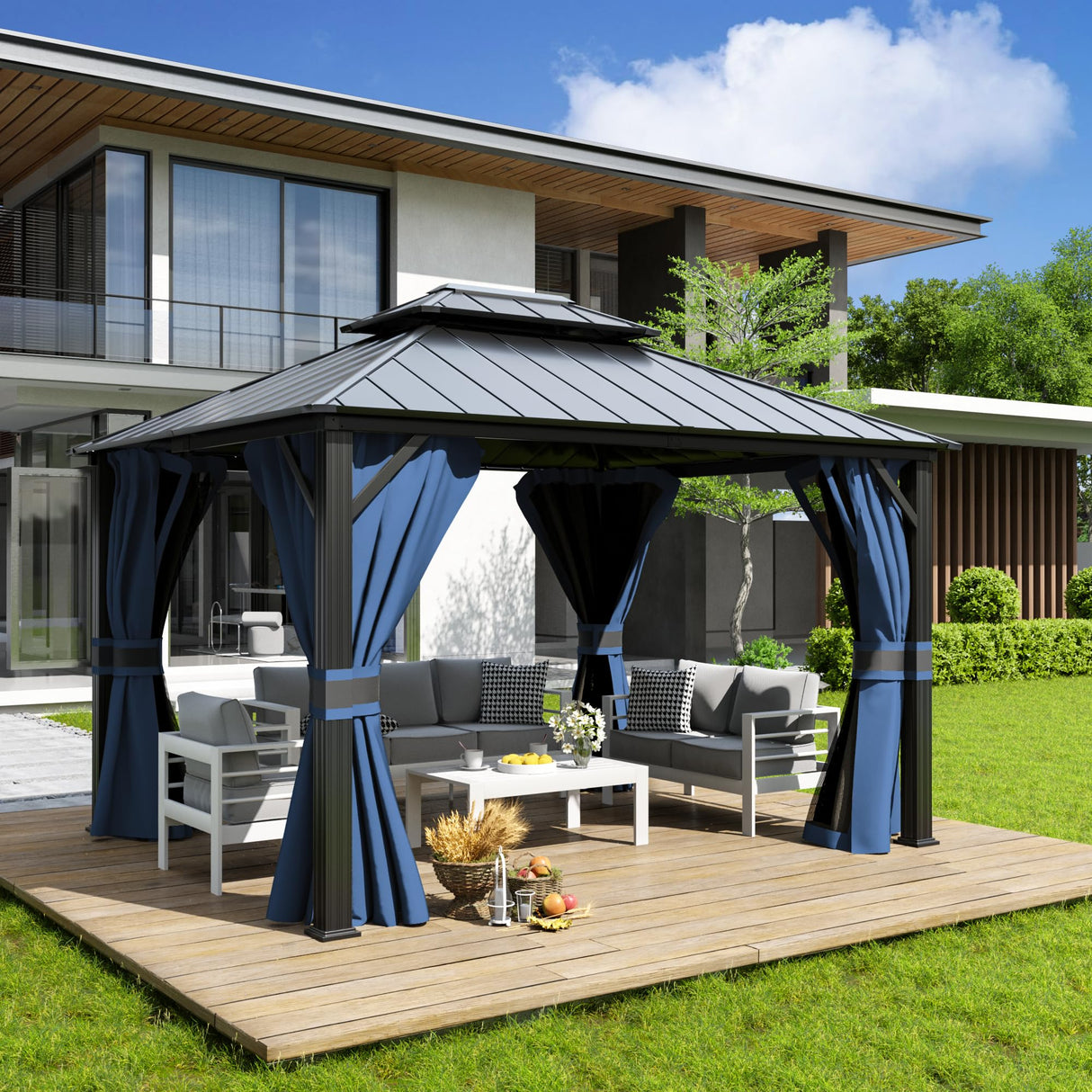 Amopatio 10' X 12' Hardtop Gazebo, Permanent Aluminum Gazebo with Galvanized Steel Double Roof, Outdoor Metal Gazebos with Curtain and Netting for Patio, Deck and Backyard, Blue Amopatio