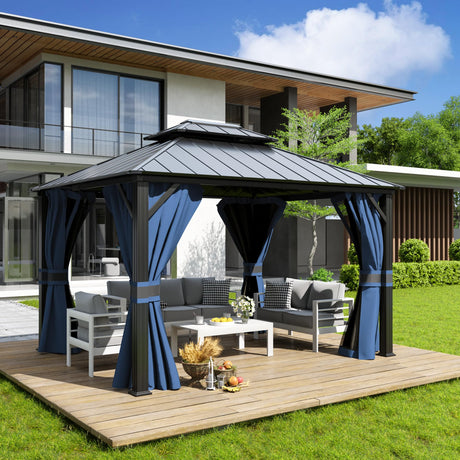 Amopatio 10' X 12' Hardtop Gazebo, Permanent Aluminum Gazebo with Galvanized Steel Double Roof, Outdoor Metal Gazebos with Curtain and Netting for Patio, Deck and Backyard, Blue Amopatio
