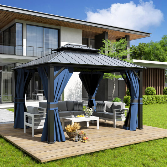 Amopatio 10' X 12' Hardtop Gazebo, Permanent Aluminum Gazebo with Galvanized Steel Double Roof, Outdoor Metal Gazebos with Curtain and Netting for Patio, Deck and Backyard, Blue