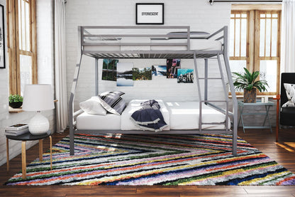 Novogratz Maxwell Metal Bunk Bed Frame for Kids and Teens, with Angled Ladder, High Guardrail and Metal Slats, No Boxspring Required, Underbed Storage Space, Twin-Over-Full, Gray