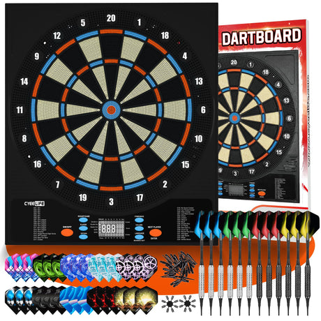 CyeeLife Electronic Dartboard&12 Soft Darts,8 Players&34 Games&255 Variations,Battery/Adapter/3 Languages Switching for Professional Dart Games CyeeLife