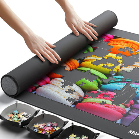 Newverest Jigsaw Puzzle Mat Roll Up, Saver Pad 39.4” x 23.6” Portable Keeper Up to 1000 Pieces with Non-Slip Rubber Bottom and Polyester Top + 3 Puzzle Sorting Trays, Travel-Friendly Storage Bag Newverest