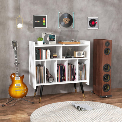 LABROSKIA Record Player Stand with Vinyl Storage: White Wooden Cabinet for Turntable, Modern Media Console, Stereo LP Holder, Album Display Shelf with USB and Outlet (White)