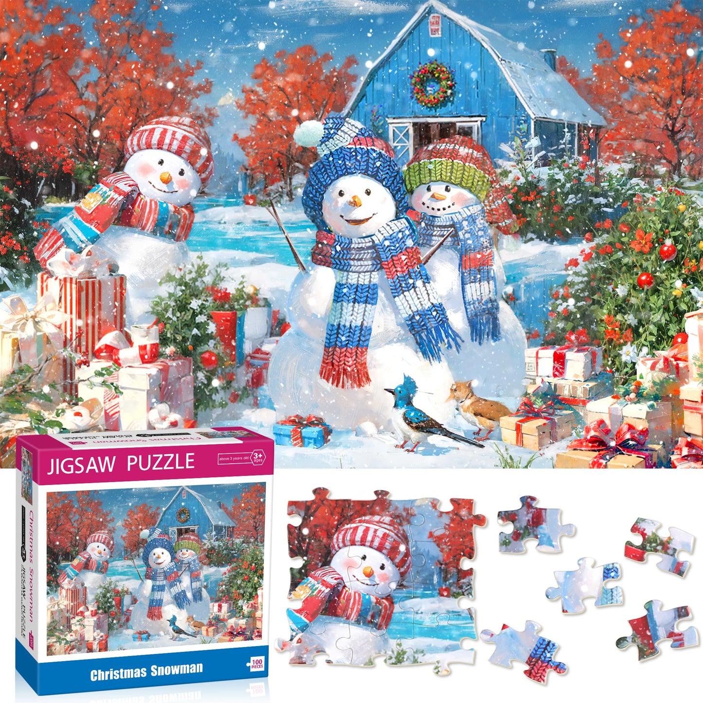 Bestbase 100 Piece Puzzles for Kids Ages 4-6 6-8 8-10, Christmas Snowman Holiday Jigsaw Puzzles, Kids Puzzles Wonderful Xmas Gifts, Christmas Puzzle Stocking Stuffers for Boys Girls