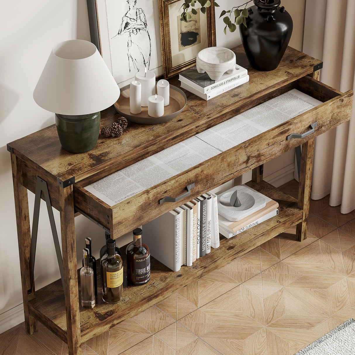 ChooChoo 47'' Farmhouse Console Table with Drawer, Entryway Table with Storage Shelf, Rustic A-Design Sofa Table for Hallway, Entrance, Living Room, Rustic Brown ChooChoo