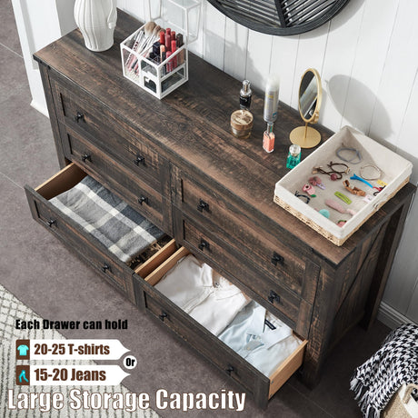 T4TREAM Farmhouse 6 Drawers Dresser Chests for Bedroom, Wood Rustic Wide Chset of Drawers,Storage Dressers Organizer for Bedroom, Living Room,Hallway, Dark Rustic Oak T4TREAM