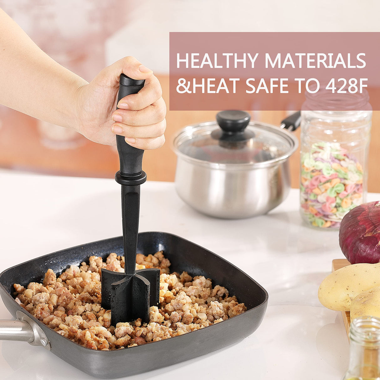 Meat Chopper for Ground Beef, Heat Resistant Meat Masher for Hamburger Meat, 5 Curved Blades Ground Beef Smasher, Nylon Meat Spatula Chopper, Non Stick Hamburger Chopper, Mix and Chop Kitchen Tool LITTLE COOK SINCE 1995