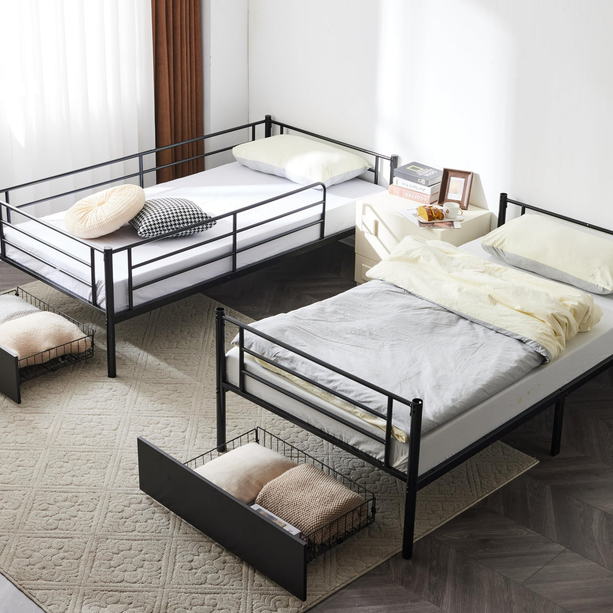 Karl home Black Bunk Bed Twin Over Twin with 2 Storage Drawers, Metal Bunk Bed with Built-in Ladder and Safety Guardrail, Space-Saving Twin Bunk Beds for Kids, Teens & Adults, No Box Spring Karl home