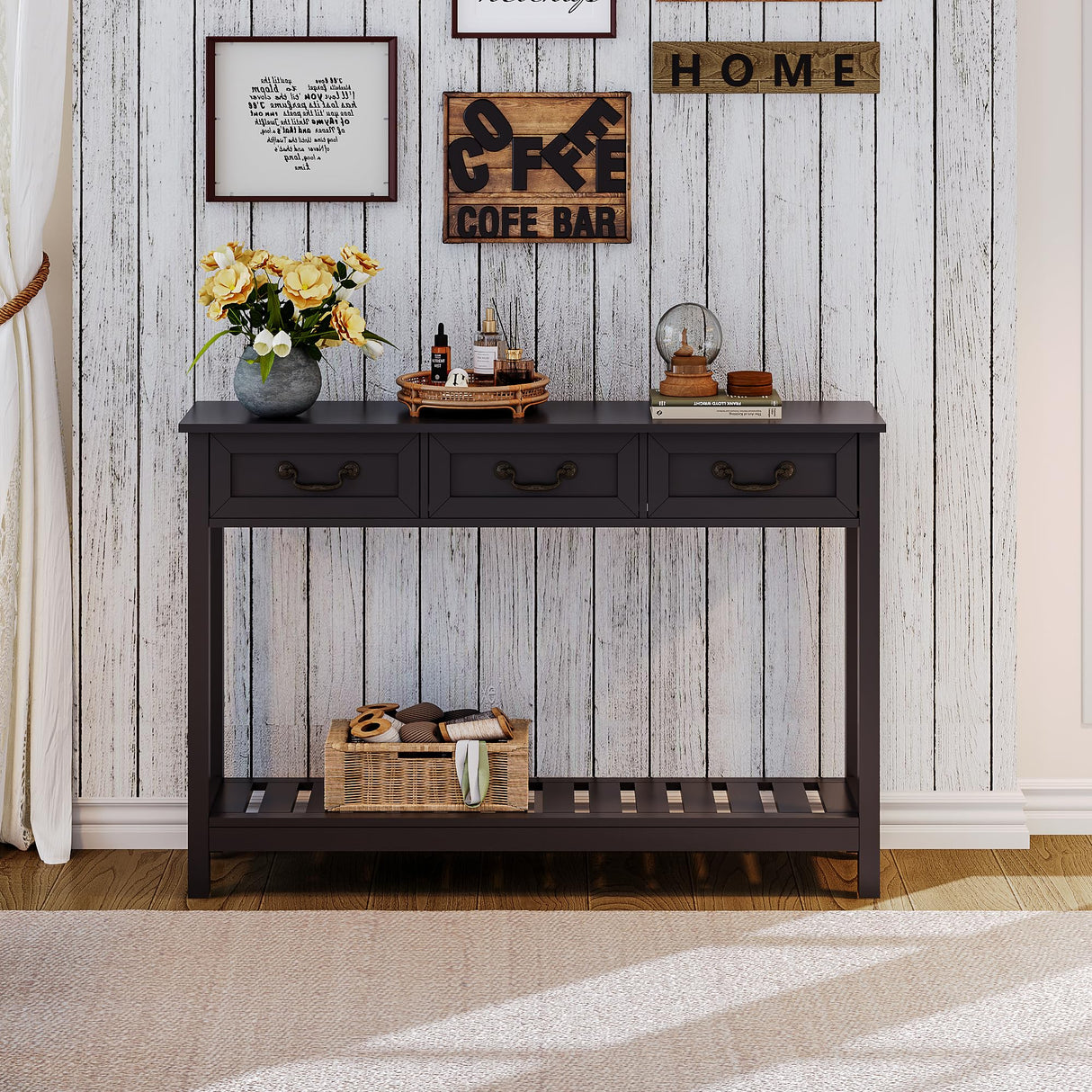 ChooChoo Console Table with 3 Drawers, Rustic Entryway Table, Narrow Long Sofa Table for Living Room, Hallway, Behind Couch, Black ChooChoo