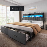 YITAHOME King Size with 2 Storage Drawers and Charging Station, Linen Upholstered Platform Bed with Storage Headboard and LED Light, Heavy Duty Metal Support, No Box Spring Needed, Noise Free, Grey YITAHOME