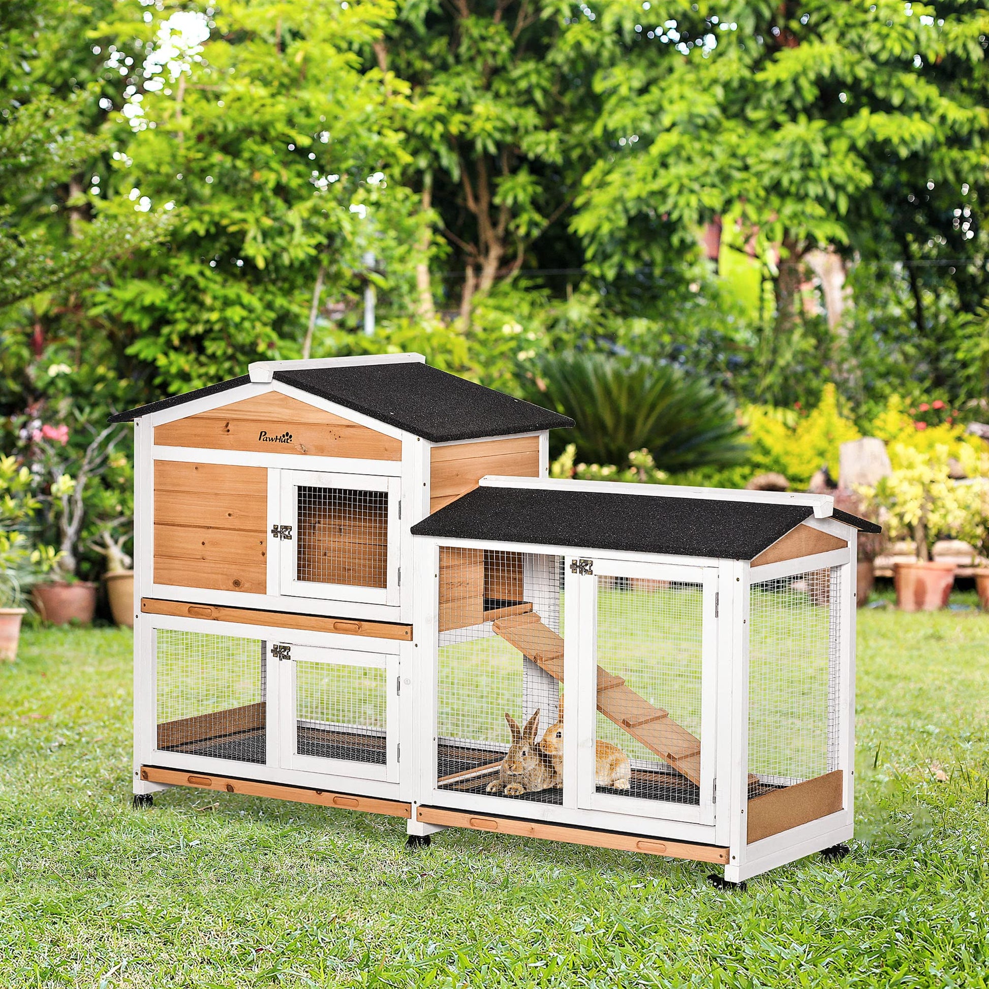 PawHut 62" Rabbit Hutch, Wooden Bunny Hutch, Guinea Pig Cage, Small Animal Enclosure with Wheels, Run Area, Removable Tray, Asphalt Roof, Lockable Doors and Ramp, Nature Wood - WoodArtSupply