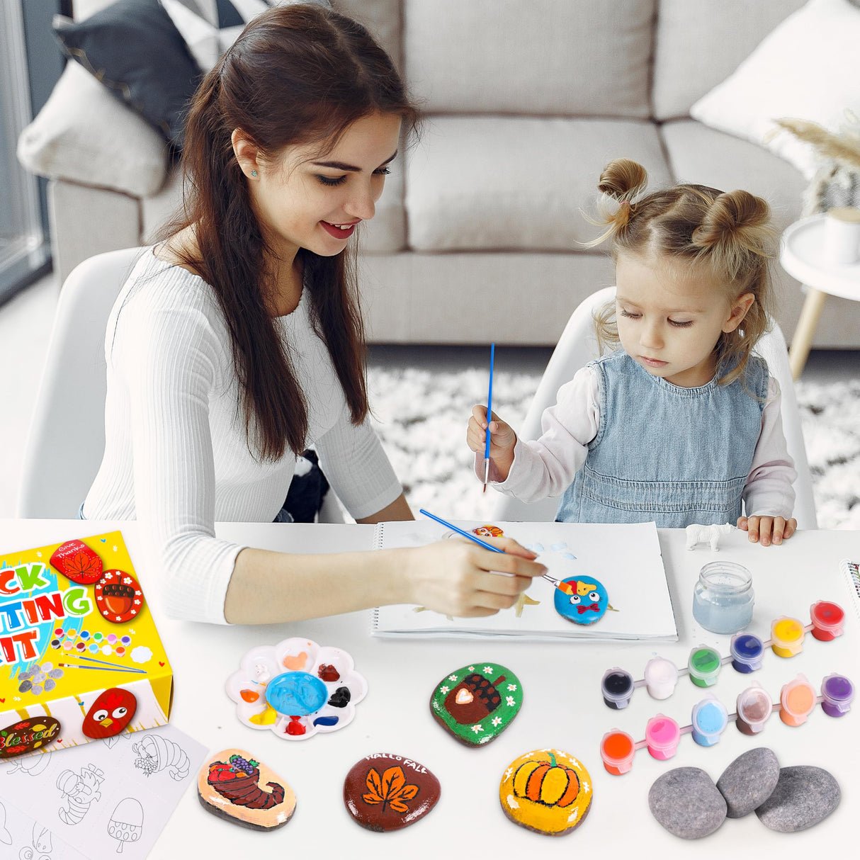 80UncleKimby Fall Thanksgiving Rock Painting Kit: Arts and Crafts for Kids - Include DIY Stones, Water Paint, Tattoos, Gifts Toys Party Favors Classroom Activities for Girls Boys Ages 8-12 80UncleKimby