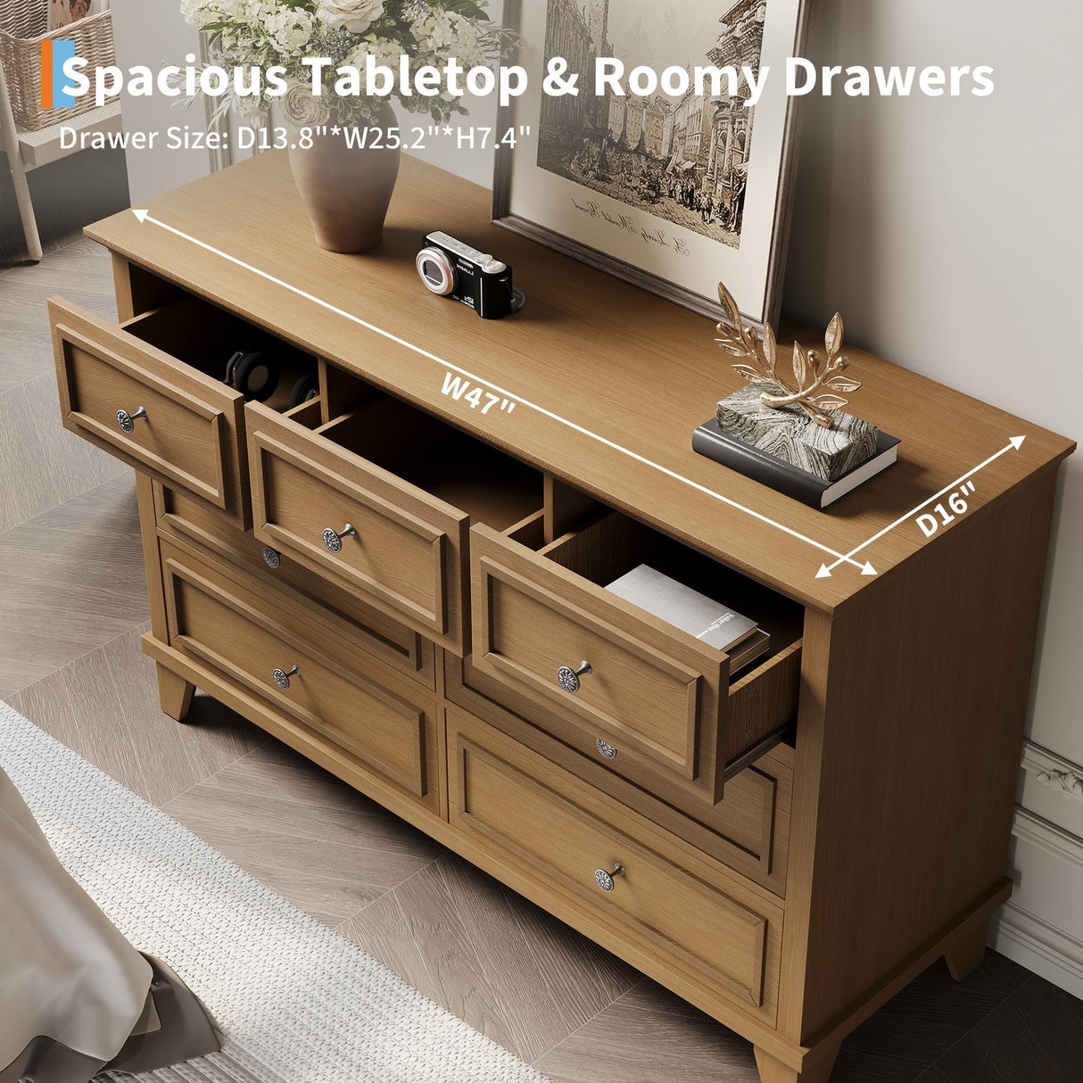 GAOMON Brown Dresser, 7 Drawer Dresser for Bedroom, 47" W Chest of Drawers with Deep Drawers, Closet Dressers with Metal Handle, Thickened Desktop, Wood Rustic Drawers for Hallway, Entryway, Closet GAOMON