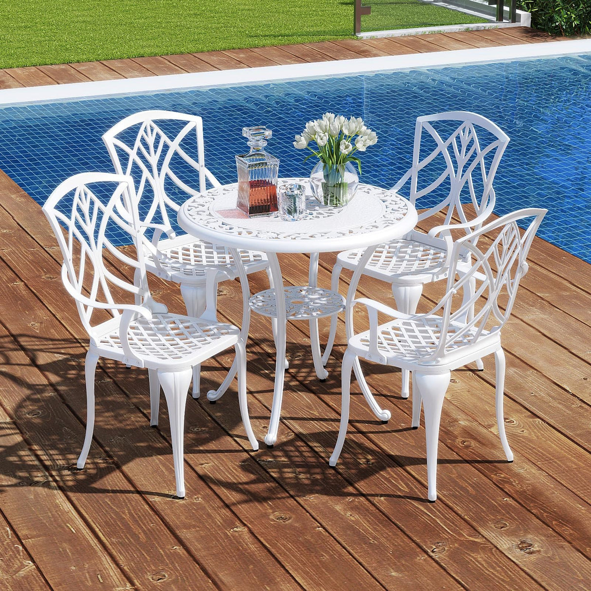 Tangkula 5 Pieces Cast Aluminum Outdoor Dining Set, Round Dining Table with 2” Umbrella Hole & 4 Armchairs, All-Weather Outdoor Furniture Set for Patio, Balcony, Garden & Backyard, White Tangkula