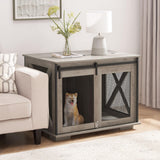 CKEASEAN Farmhouse Style Dog Cage Crate Furniture with Sliding Barn Door, Wooden Dog Kennel End Table with Flip-top Plate and Detachable Divider for Small/Medium/Large Dogs (Gray Wash) CKEASEAN