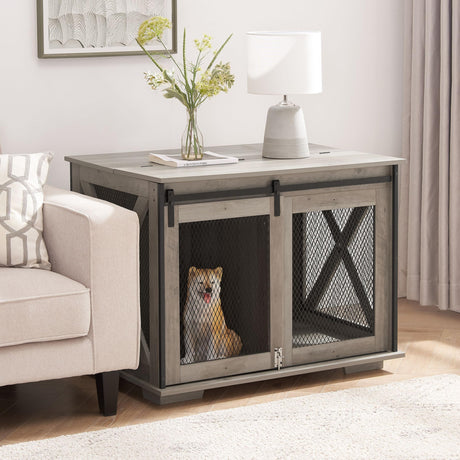 CKEASEAN Farmhouse Style Dog Cage Crate Furniture with Sliding Barn Door, Wooden Dog Kennel End Table with Flip-top Plate and Detachable Divider for Small/Medium/Large Dogs (Gray Wash) CKEASEAN