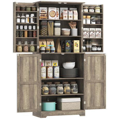 HOMCOM 72" Farmhouse Kitchen Pantry Cabinet, Freestanding Tall Storage Cabinet with 4 Barn Doors, 4 Adjustable Shelves and 8 Door Shelves, Gray Wash HOMCOM