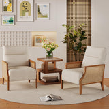 Aklaus Mid Century Accent Chair with Rattan Armrest, Upholstered Living Room Chairs Lounge Fabric Reading Chairs Side Sitting Farmhouse Chair for Living Room, Bedroom, Balcony, Beige Aklaus