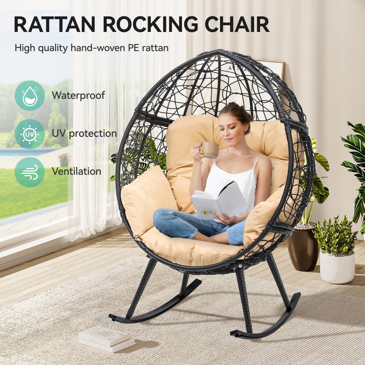 YITAHOME Rocking Egg Chair with Cushioned Comfort, 250lb Capacity, Anti-Slip, All-Weather Resilient Wicker Rattan Design for Indoor & Outdoor Relaxation Spaces, Beige