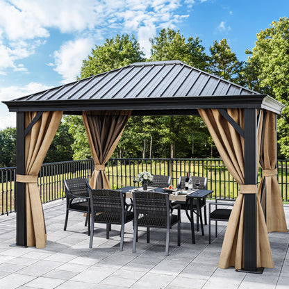 DWVO 10x12ft Hardtop Gazebo with Nettings and Curtains, Heavy Duty Galvanized Steel Outdoor Vertical Stripes Roof for Patio, Backyard, Deck, Lawns, Brown - WoodArtSupply