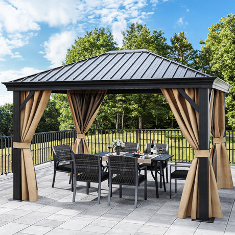 DWVO 10x12ft Hardtop Gazebo with Nettings and Curtains, Heavy Duty Galvanized Steel Outdoor Vertical Stripes Roof for Patio, Backyard, Deck, Lawns, Brown DWVO