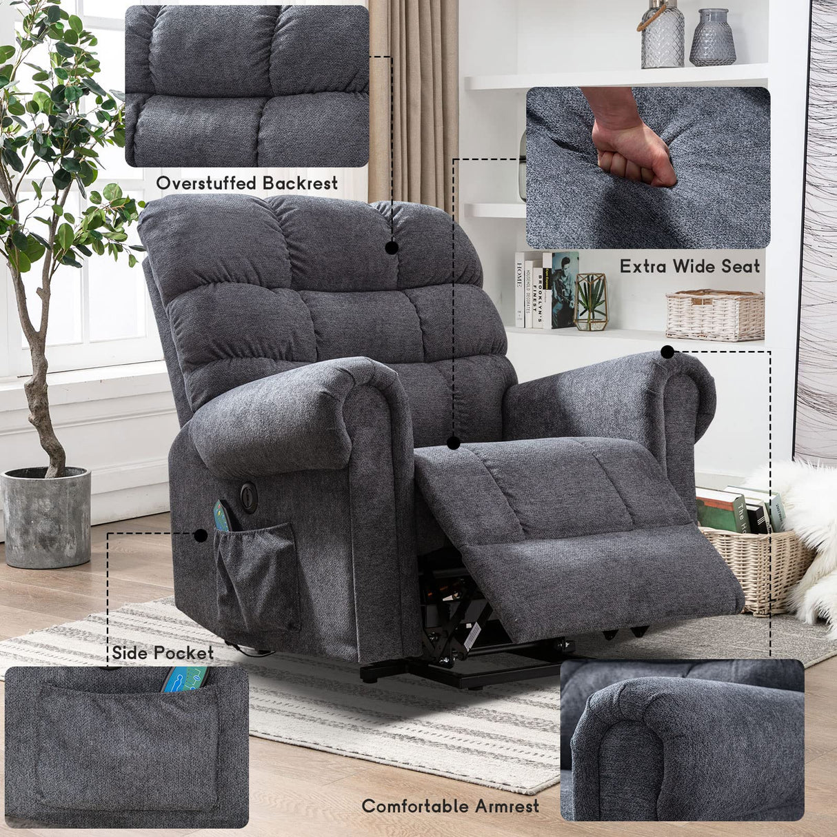 CANMOV Large Power Lift Recliner Chairs with Massage and Heat for Elderly Big People, Heavy Duty Electric Reclining Chairs Overstuffed Wide Recliner with USB Port and Side Pocket, Gray CANMOV