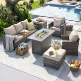 UDPATIO Patio Furniture Set with 44" Fire Pit Table, 6 Pieces Outdoor Sectional Conversation Sets, All-Weather Wicker Rattan Sofa Ottoman with 4" Thick Cushion for Garden Backyard Deck, Khaki UDPATIO