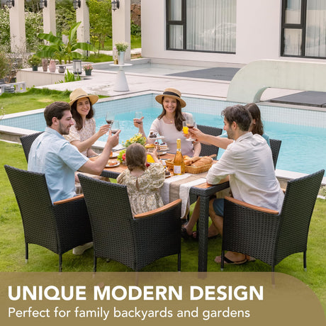Devoko Dining 7 PCS Furniture, Patio Conversation Set with Acacia Wood Table Top, Rattan Outdoor, Black Devoko