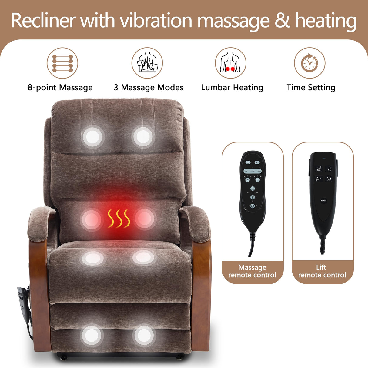 Power Lift Recliner Chair for Elderly People, Dual Motor Lift Chair with Vibration Massage and Heat, Lay Flat Recliner with Solid Wood Armrest, Standing Assistance Reclining, Chenille Fabric Brown EZZUP