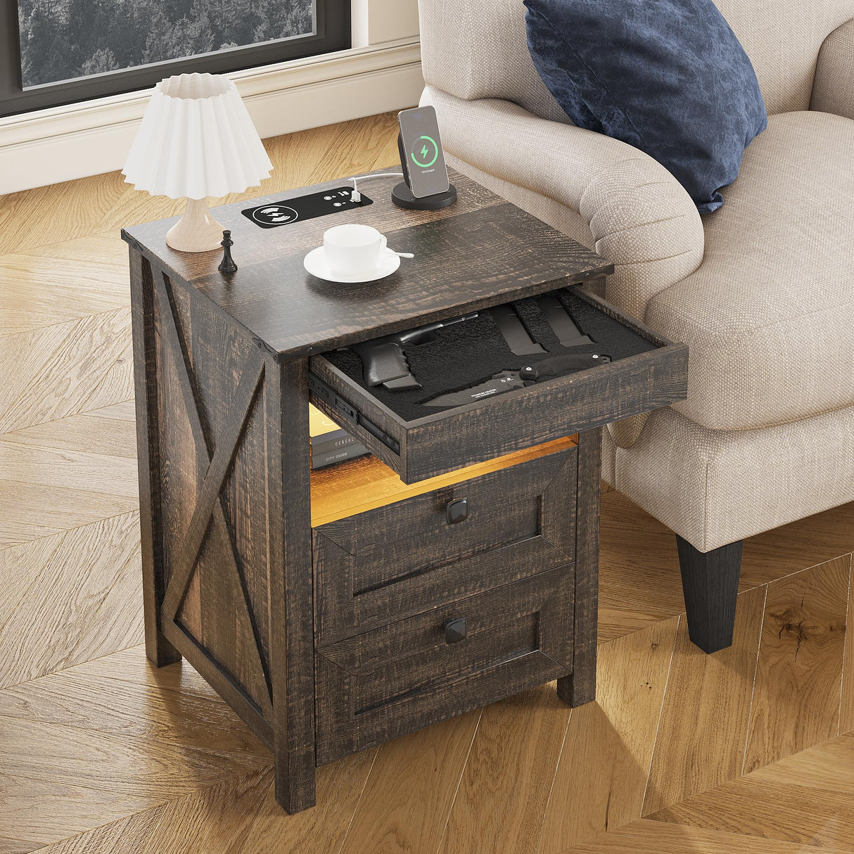 Farmhouse LED Nightstand with Gun Drawer&Invisible Lock,Modern Bedside Table with Human Sensor Design,Rustic Side Table with Wireless Charging for Living Room, Dark Oak FREDEES