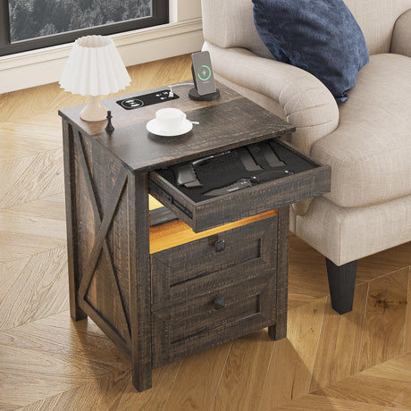Farmhouse LED Nightstand with Gun Drawer&Invisible Lock,Modern Bedside Table with Human Sensor Design,Rustic Side Table with Wireless Charging for Living Room, Dark Oak FREDEES